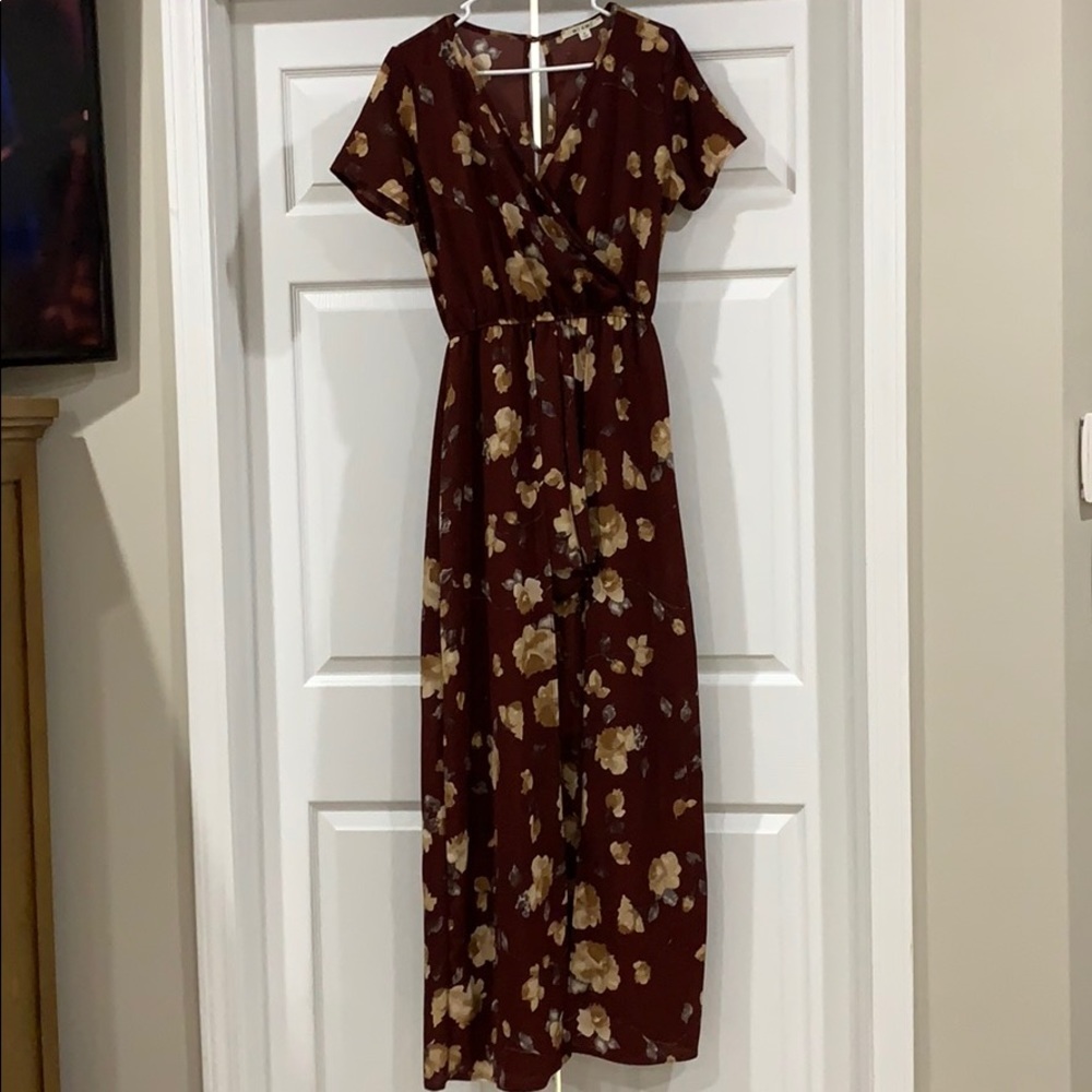 Merlot floral romper with high-low skirt